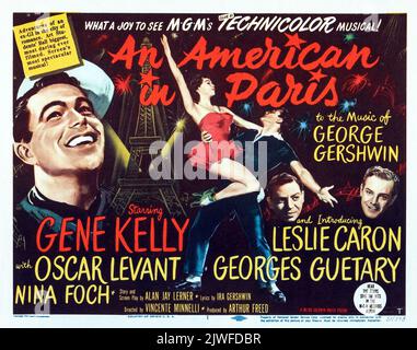 Ein Amerikaner in Paris (MGM, 1951). Lobby-Karte Mit Vintage-Titel. Eine musikalische Meisterleistung Gene Kelly, Leslie Caron, Oscar Levant, Georges Guetary, Nina Foch. Stockfoto