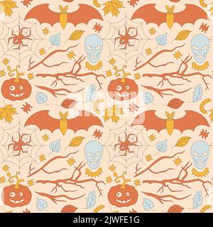 Muster mit Halloween Elementen im Retro 70s Stil. Stock Vektor