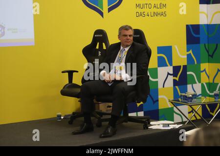 Sao Paulo, Sao Paulo, Brasilien. 5. September 2022. Die vom brasilianischen Fußballverband organisierte Brasilianische Fußballausstellung findet in Sao Paulo statt. 5. September 2022, Sao Paulo, Brasilien: Die Brazil Soccer Expo findet vom 4.. Bis 8.. September im Pro Magno Centro de Eventos in Sao Paulo am Montag (5) statt. Die Veranstaltung, die vom brasilianischen Fußballverband (CBF) organisiert wird, bietet eine Messe und einen Kongress, der auf die Geschäftsentwicklung und Wissensgenerierung für den brasilianischen Fußball ausgerichtet ist. Bild: Leco Viana/Thenews2 (Bild: © Leco Viana/TheNEWS2 via ZUMA Press Wire) Stockfoto