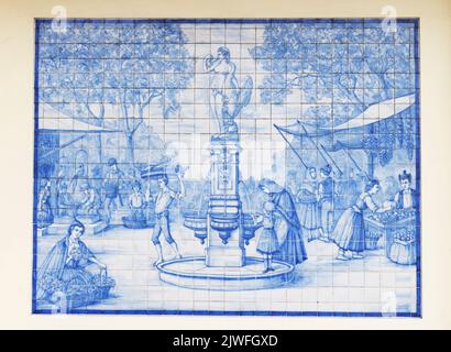 Bemalte Fliesen an der Wand des Mercado dos Lavradores (Arbeitermarkt), Funchal, Madeira, Portugal Stockfoto