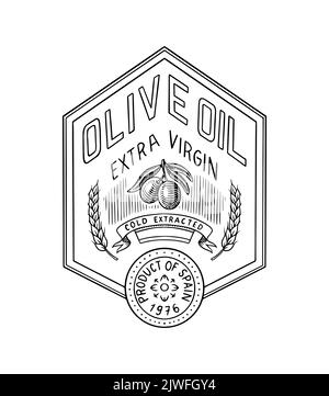 Olivenöl und Zweig der Bäume Logo. Bio-vegetarisches Produkt in der Flasche. Grüner Pflanzenabzeichen Emblem Patch Aufkleber. Handgraviert im alten Jahrgang Stock Vektor