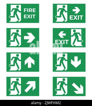 Satz grüner Notausgangssymbole. Konzept von Notfall und Evakuierung. Stock Vektor