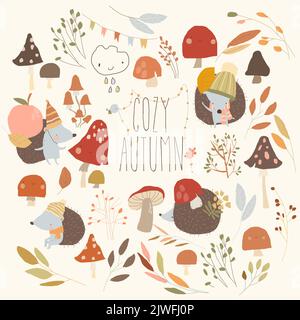 Cartoon-Set mit niedlichen Igeln, Pilzen und bunten Herbstblättern Stock Vektor