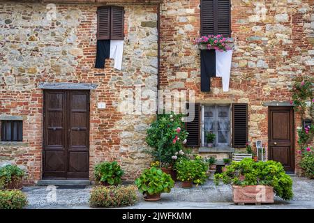 Farbenfrohe Blumenschmuck vor den Gebäuden der Via della Misericordia in der mittelalterlichen Stadt Lucignano im Val di Chiana in der Toskana, Italien Stockfoto