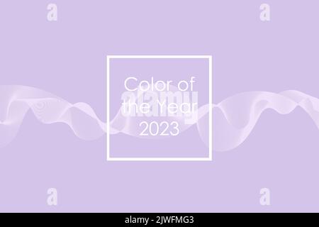 Horizontales Design mit pastellfarbenem Lavendel-Wellenmuster in trendiger 2023-Farbgebung. Abstraktes Wellendesign über violett. Geschwungene wellige Linien, horizontale Darstellung. Text auf weißem Rahmen Farbe des Jahres 2023 Stockfoto