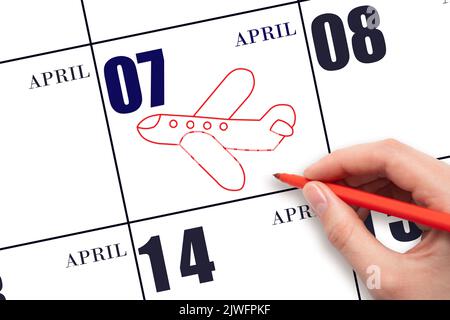 7. Tage im April. Eine Handzeichnung eines Flugzeuges am Kalenderdatum 7. April. Das Datum des Fluges im Flugzeug. Reisen, Geschäftsreisen. Frühlingsmonat. Tag Stockfoto