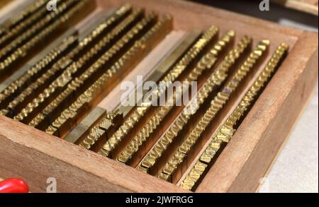 Satzkoffer mit goldenen Buchstaben, historischer Fassung und Drucktexten Stockfoto