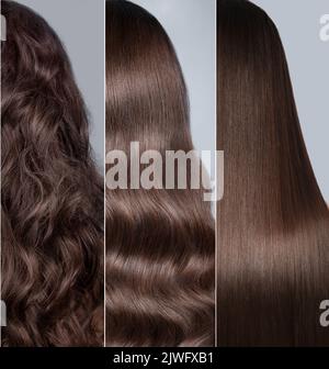 Frau vor nach der Erholung ihre Haare. Rückansicht, gerade und Locken. Stockfoto