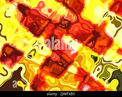 Leuchtende Blumenmotive für Textilien oder Stoffprodukte. Rhythmische Ausbrüche in rot-gelber Tonalität wie Muster in einem Kaleidoskop für Interieur, Mode Stockfoto