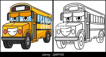 Schulbus mit Gesicht Fahrzeug Färbung Illustration Stock Vektor