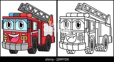 Feuerwehrauto mit Gesicht Fahrzeug Färbung Illustration Stock Vektor