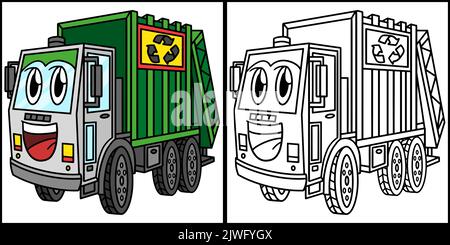 Müllwagen mit Gesicht Fahrzeug Färbung Seite Stock Vektor