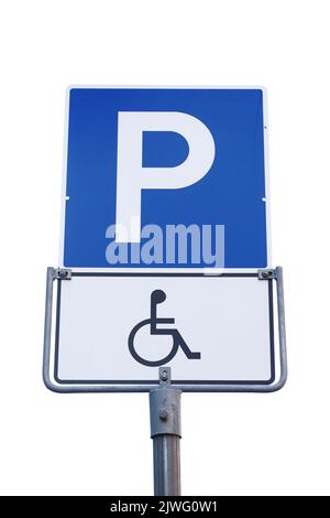 Nur Behindertenparkplätze, Straßenschild isoliert auf weißem Hintergrund. Stockfoto