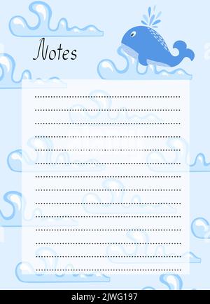Cute Wal dekoriert leere druckbare Notizen für Kinder Vektor-Illustration, flache Stil Bilder mit lustigen Muster für Kinder Schreibwaren, Notizen, Veranstalter, Zeitplan, zu tun Liste Stock Vektor