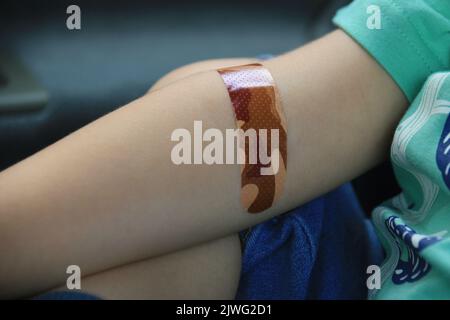 Der Arm eines Kleinkindes mit einem Verband nach Blutuntersuchungen. Stockfoto