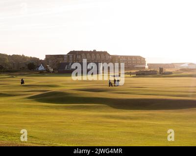 Die Golfer, die während des Sonnenuntergangs über den wunderschönen und legendären Old Course in St. Andrews in Schottland wandern Stockfoto