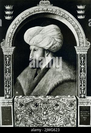 Die Bildunterschrift für dieses Bild von 1910 lautet: „Der Sultan Muhammed II. Gemalt von Gentile Bellini --- jetzt in Rom untergebracht.“ Mohammed II. (1432-1481), genannt Glaube oder Eroberer, war von 1451 bis 1481 der osmanische türkische Sultan. Seine Eroberung Konstantinopels im Jahr 1453 garantierte die Konsolidierung des Osmanischen Reiches. Stockfoto