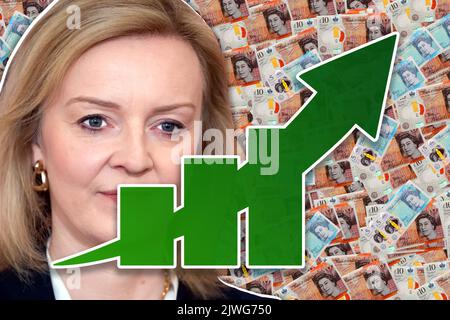 Economy Chart - Aufwärtspfeil, Liz Truss und Cash Britische Pfund-Anleihen Stockfoto