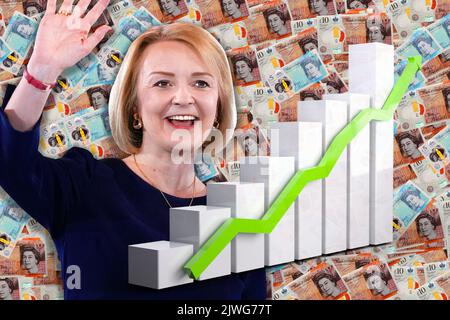 Economy Chart - Aufwärtspfeil, Liz Truss und Cash Britische Pfund-Anleihen Stockfoto