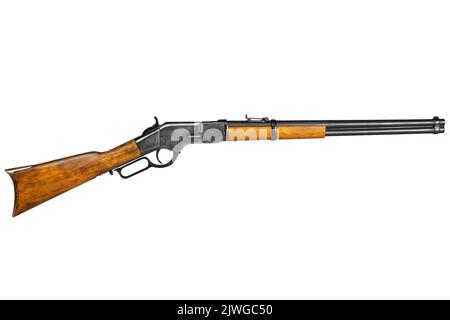 Wild West Periode Winchester Hebel-Aktion Repeating Gewehr isoliert auf weißem Hintergrund Stockfoto