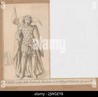 St. Wenzel I. in Ritterkleidung mit Flagge in der Hand, nach Flachrelief auf dem Sarkophag der Hl. Ludmila in der Basilika St. Georg in Prag. Lesser, Aleksander (1814-1884), Zeichner, Karikaturist Stockfoto