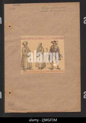 Botschafter, Adlige und Bogenschütze von Moskau in Kleidung aus dem 2../16.. Jahrhundert nach dem Druck von Cesare Vecellio aus dem Jahr 1589. Lesser, Aleksander (1814-1884), Zeichner, Karikaturist, Vecellio, Cesare (1521-1601), Graveur Stockfoto