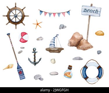 Große Reihe von nautischen Elementen. Ruder, Anker, Muscheln, Rettungsring und andere Aquarell-Illustrationen isoliert auf weißem Hintergrund. Stockfoto