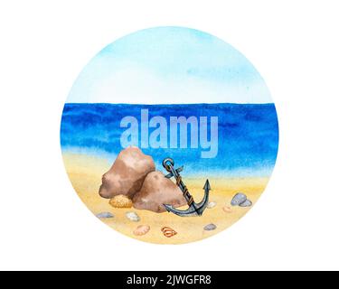 Sommerurlaub am Strand. Aquarellhintergrund. Zusammensetzung mit Seeufer, Felsbrocken, Anker, Muscheln. Illustration für Logo, Etikett, Poster, Print, Postc Stockfoto