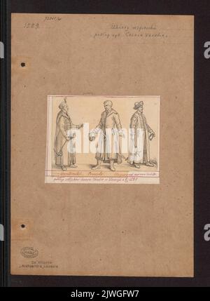 Drei Männer (Ungarn und Kroaten?) In Kleidung aus dem 2../16.. Jahrhundert, nach Drucken von Cesare Vecellio aus den 'Habiti Antichi' aus dem Jahr 1589. Vecellio, Cesare (1521-1601), Grafiker, Lesser, Aleksander (1814-1884), Zeichner, Karikaturist Stockfoto