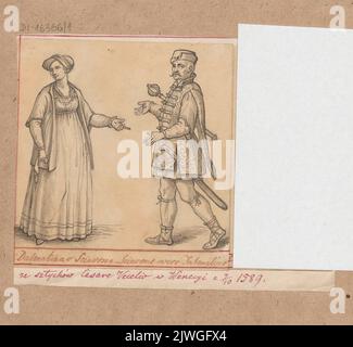 Mann und Frau in Kleidung aus der 2.. Hälfte des 16.. Jahrhunderts, nach Drucken von Cesare Vecellio aus den 'Habiti Antichi' aus dem Jahr 1589. Vecellio, Cesare (1521-1601), Grafiker, Lesser, Aleksander (1814-1884), Zeichner, Karikaturist Stockfoto