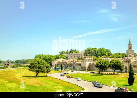 Blick über die Rhonebrücke Saint Benezet in Avignon, Frankreich Stockfoto