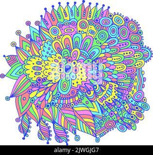 Florales Mandala mit Blumen und Blättern. Kritzelige Koloflus-Illustration. Abstrakt filigranes Tripy-Muster. Psychedelischer Kunst. Vektorgrafik Stock Vektor