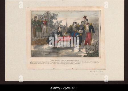 Der Leichnam des Prinzen Józef Poniatowski wurde aus der Elster gefischt. Unbekannter Grafiker, Bes et Dubreuil (Paryż ; wydawnictwo ; 18...-18...), Verlag Stockfoto
