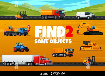Suchen Sie zwei gleiche Objekte. Baumaschinen und industrieller Transport. Kinder Puzzle Vektor Arbeitsblatt, Kind-Spiel mit Unterschied Suchaktivität, Rätsel mit Tankwagen, Traktor, Bagger und Kran Stock Vektor