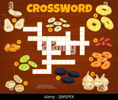 Getrocknete Früchte. Kreuzworträster. Finden Sie ein Wort-Quiz-Spiel, Kinder spielen Aktivität, Wörter suchen Puzzle Vektor-Arbeitsblatt mit getrockneten Birne, Pflaume und Feige, Dogwood, Banane und Zitrone, Kiwi, Ananas und Aprikose Stock Vektor