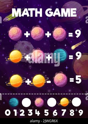 Arbeitsblatt für mathematische Spiele. Cartoon Galaxie Raum Fantasie Planeten, Sterne und Fliegen in Galaxie Kometen. Kinder Mathematik Puzzle-Spiel, mathematische Vektor-Rätsel mit Addition und Subtraktion Aufgabe, fantastische Planeten Stock Vektor