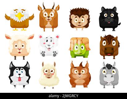 Cartoon kawaii quadratische Tiergesichter. Isolierter Vektoradler, Gazelle, Igel und puma, Schafe, Eisbären, Schildkröte oder Pferd, Husky, Eichhörnchen und Esel lustige Tierfiguren. Wild- und Farmpersönschaften Stock Vektor