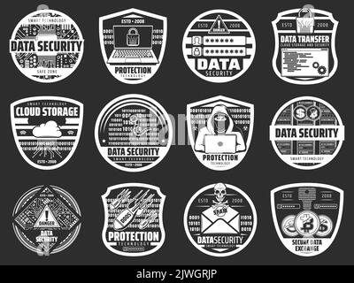 Vektorsymbole für Internetsicherheit, Datenspeicherung und Schutz vor Hacker-Angriffen. Datenschutz, Cloud-Speicher sicherer Zugriff, intelligente Technologie. Computerserver, Rechenzentrum, Sicherheit des Computernetzwerks Stock Vektor