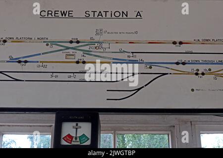 Schematische Darstellung der traditionellen viktorianischen Bahnbahnschilder, Crewe Station A, in Cheshire, England, Großbritannien, CW1 2DB Stockfoto