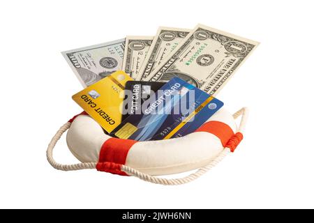 Finanzkrise, Rettungsboot mit US-Dollar-Banknoten, Unterstützung und Sicherheit der Finanzen. Stockfoto