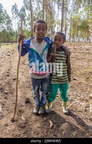 LALIBELA, ÄTHIOPIEN - 30. MÄRZ 2019: Kinder auf den Feldern in der Nähe von Lalibela, Äthiopien Stockfoto
