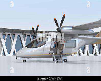 Elektrische VTOL Passagierflugzeuge im Flughafen. Urban Passenger Mobility-Konzept. 3D Rendering des Bildes. Stockfoto