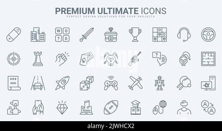 Game-Technologie für Computer und Mobiltelefon Thin-Line-Symbole setzen Vektor-Illustration. Skizzieren Sie Sammlung mit Virtual Reality, Arcade und Sport, Bildung und Strategie Desktop-Videospiel zu spielen Stock Vektor