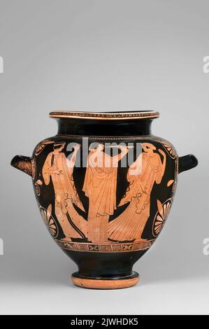 Stamnos czerwonofigurowy z przedstawieniem menad tańczących przy idolu Dionizosa. Malarz Amfory Deepdene (ok. 470-460 S.n.E.), Autor Stockfoto