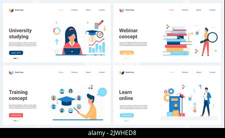 Schule und Universität studieren, Erfolg Abschluss Set Vektor Illustration. Zeichentrickfilm-Studenten und -Absolventen mit akademischer Obergrenze, Distanz-elearning-Konzept für Banner, Website-Design oder Landing Web Page Stock Vektor