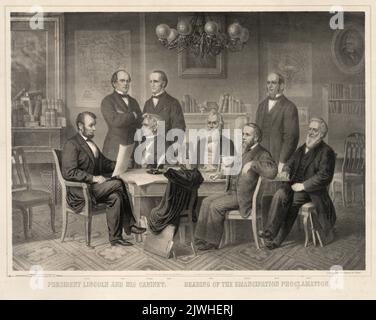 Präsident Abraham Lincoln und sein Kabinett. Lesung der Emanzipationsproklamation (auch bekannt als die Freiheitliche Proklamation) und offiziell Proklamation 95 genannt. Stockfoto