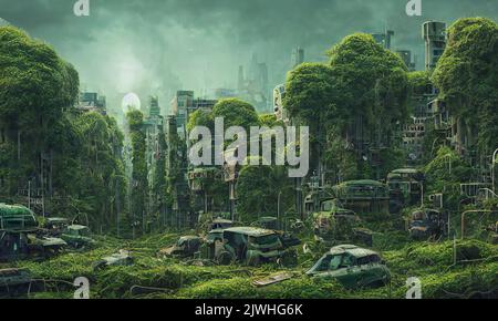 Postapokalyptische Stadt, dystopisch überwuchert Gebäude, digitale Malerei Stockfoto