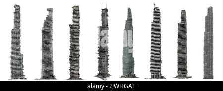 Eine Reihe von zerstörten Wolkenkratzern, hohen post-apokalyptischen Gebäuden, isoliert auf weißem Hintergrund Stockfoto