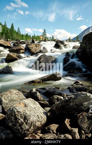 Katunsky Reserve, Russland. 04. August 2022. Stürmischer Strom des Flusses Multa auf dem Gebiet des Katunsky-Reservats im Altai-Gebirge. Nur vier Flugstunden von Moskau entfernt, befinden Sie sich in einer völlig anderen Welt: Der Welt majestätischer junger Berge, breiter grüner Hügeltäler, Zedernwälder, turbulenter Flüsse und Gletscherseen. Altai! (Foto von Mihail Siergiejevicz/SOPA Images/Sipa USA) Quelle: SIPA USA/Alamy Live News Stockfoto