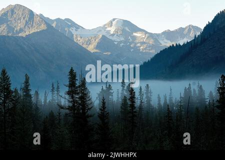 Katunsky Reserve, Russland. 6. August 2022. Nebel im Tal des Multa-Flusses des Katunsky-Reservats im Altai-Gebirge.nur vier Flugstunden von Moskau entfernt, befinden Sie sich in einer völlig anderen Welt: Die Welt der majestätischen jungen Berge, der weiten grünen Hügeltäler, der Zedernwälder, der turbulenten Flüsse und der Gletscherseen. Altai! (Bild: © Mihail Siergiejevicz/SOPA Images via ZUMA Press Wire) Stockfoto